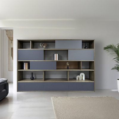 65450_ Bibliothèque 4 portes coulissantes 3 tiroirs noyer naturel et laqué gris fond rouge pozzuoli bois massif sur mesure fabrication française