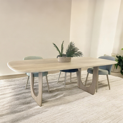 U1838PU_Table ovale chêne blanchi massif dessus et piétement en u arrondis en aile d'avion sur mesure personnalisable fabrication française 1200